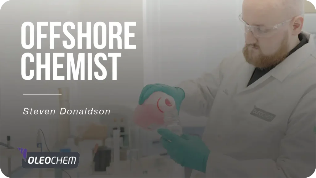 An offshore chemist is working with chemicals