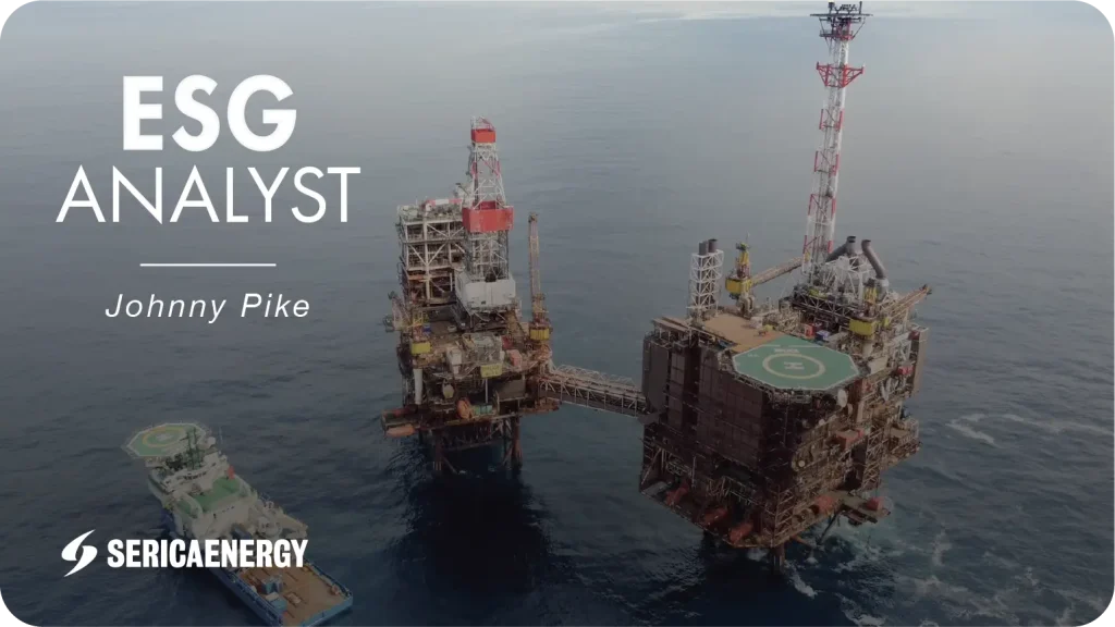 ESG or environmental social and governance job title is positioned next to an oil and gas platform