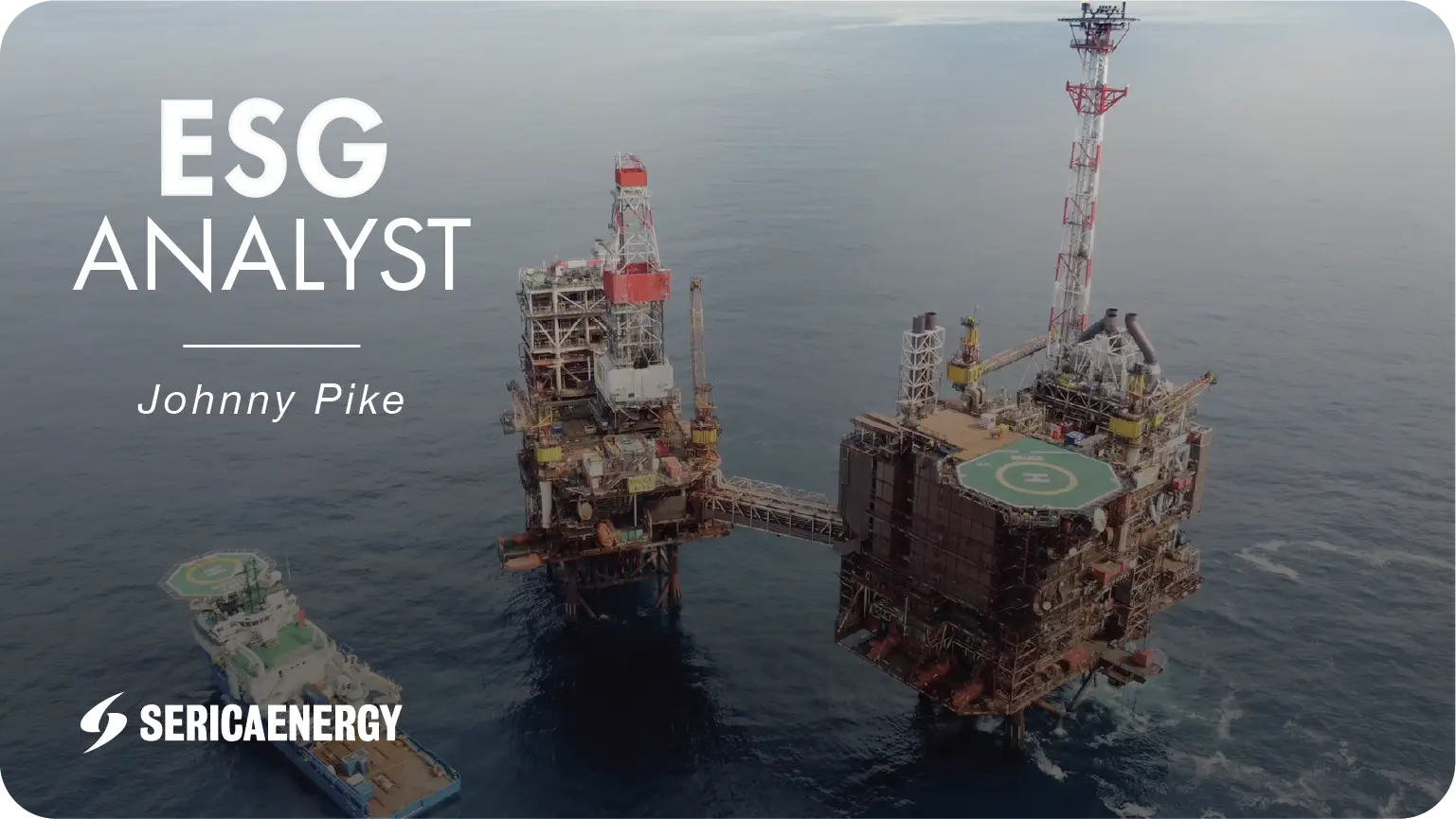 ESG or environmental social and governance job title is positioned next to an oil and gas platform