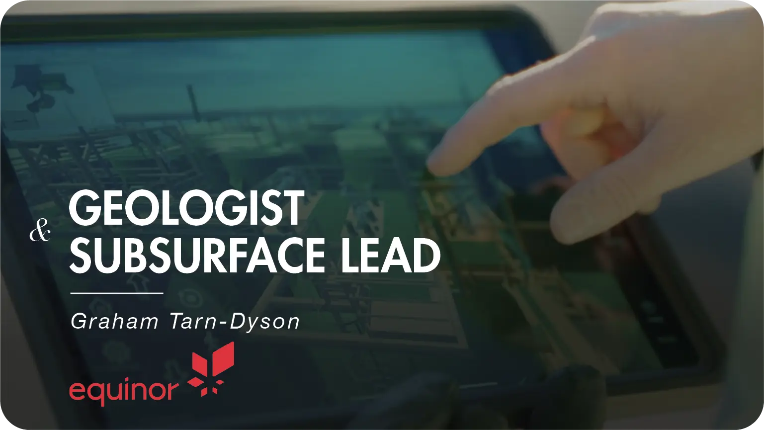 A finger is pointing to a digital map, suggesting a geologist job role